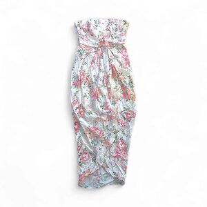 Ever New Sz 2 White Silk Floral Dress Strapless Pleated Trim White Bridesmaids